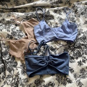 Cotton On Ribbed Bralette Set in Blue and Tan